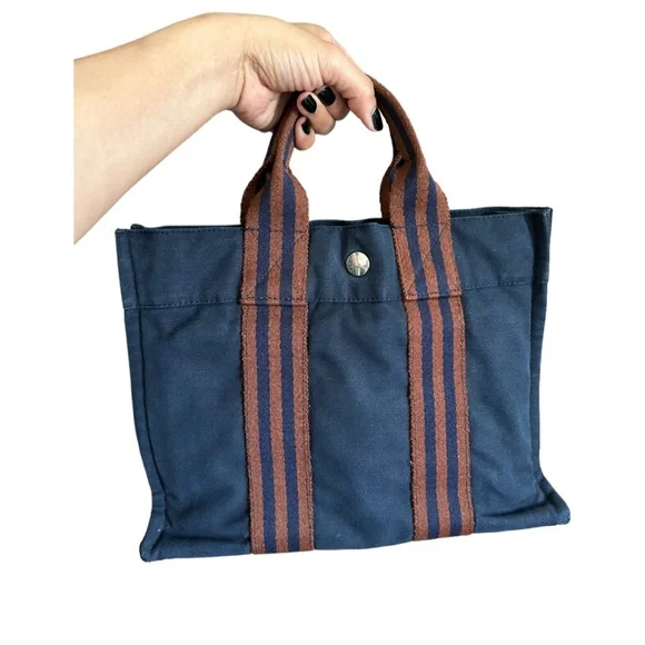 Vintage HERMES Fourre Tout PM Canvas Tote Bag, Hand Bag Navy Blue